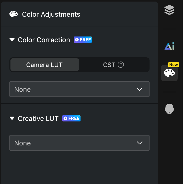 Color Adjustments panel showing Color Correction and Creative LUT