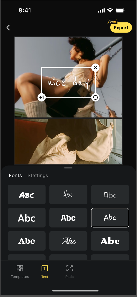 Evoto Mobile Text tool in the Collage editor